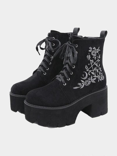 GOTHIC PENTAGRAM AND ROSE LACE UP PLATFORM BOOTS
