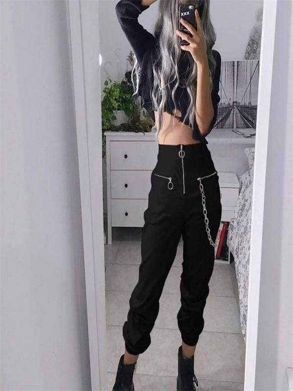 Grunge Aesthetic Chain Jeans, M / Black