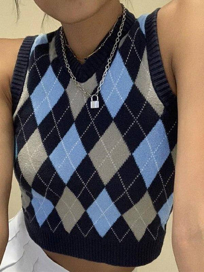 ARGYLE KNITTED SWEATER VEST S / Blue