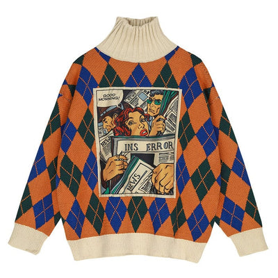 Argyle Pattern Turtleneck Sweater S / Orange