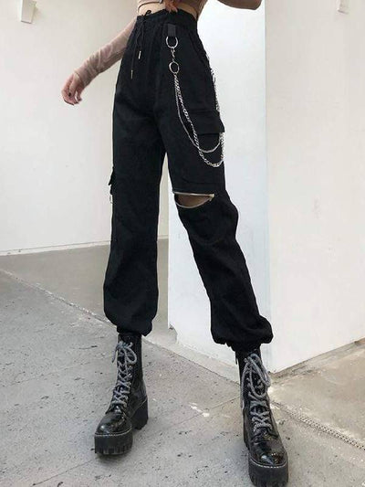 Chain and Zipper Black Cargo Pants