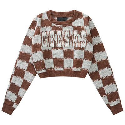 Checkered Fuzzy Crop Sweater
