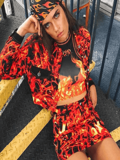 FIRE FLAME PRINT TWO PIECES SETS COAT AND SKIRT