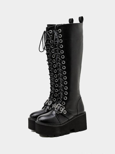 GOTHIC GRUNGE FRONT BUCKLE LACE UP KNEE HIGH PLATFORM BOOTS