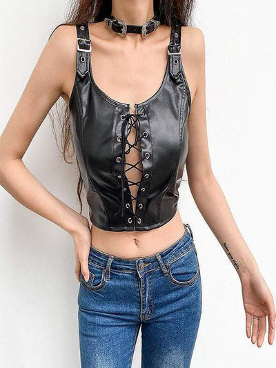 GRUNGE LACE UP LEATHER CROP TOP
