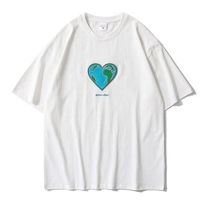 Heart Earth Embroidered Tee S / White / T-Shirt