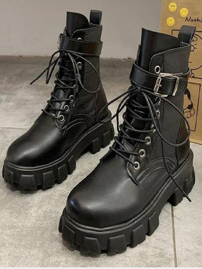 LACE UP BUCKLE STRAP BIKER BOOT