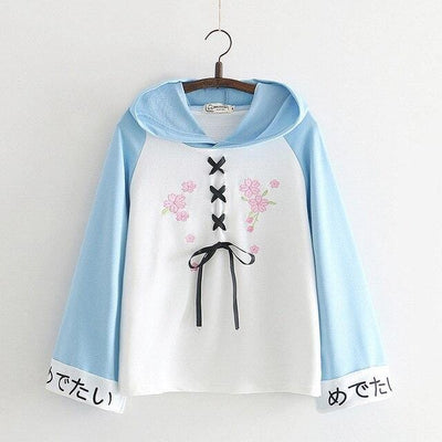 Pink Lace up Hoodie Blue / M