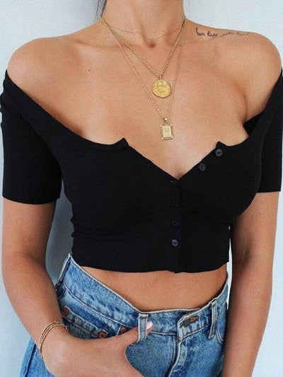 RIBBED BUTTON CROP TOP Black / M